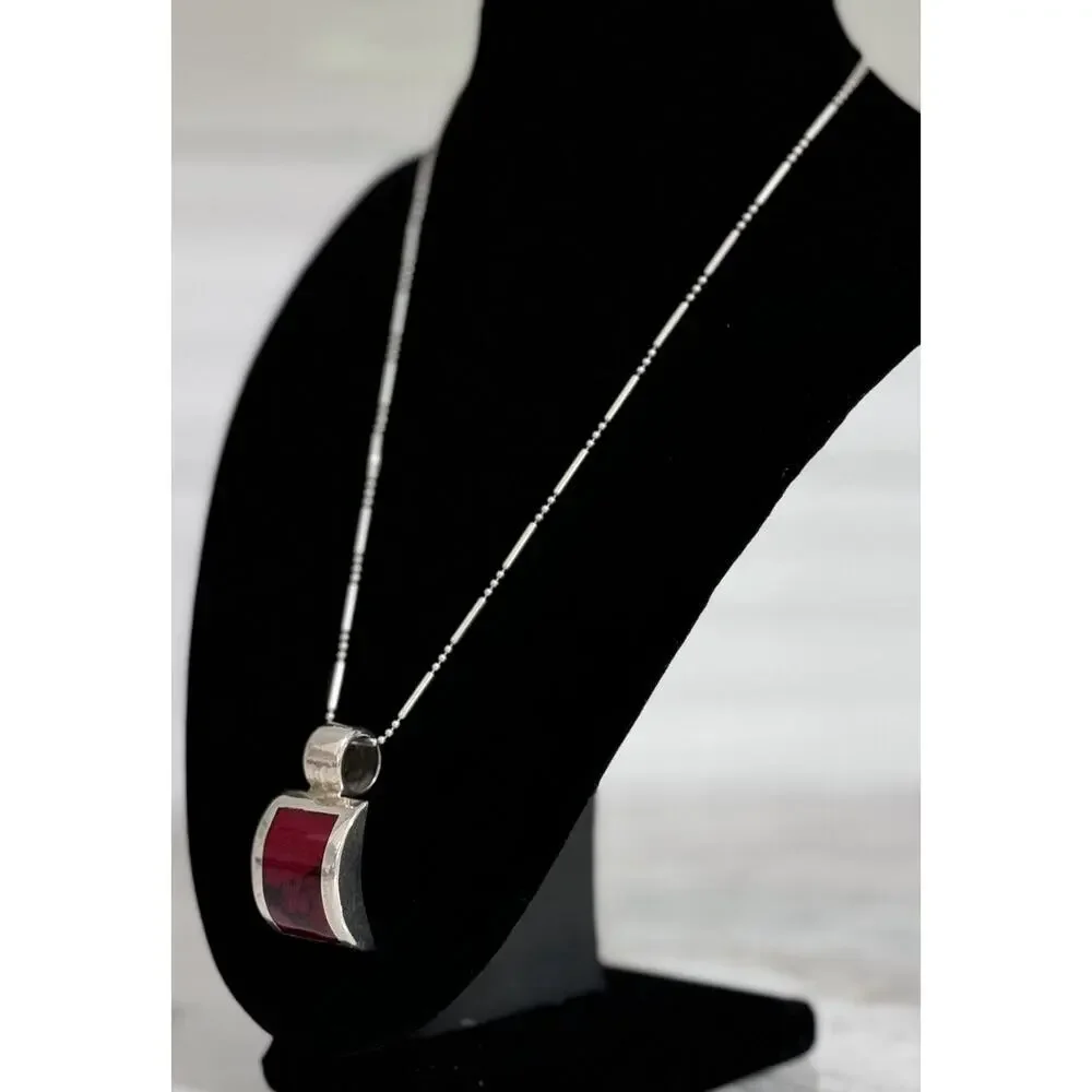 Vintage Sterling Silver Taxco Mexico Red Jasper Pendant Necklace 18in